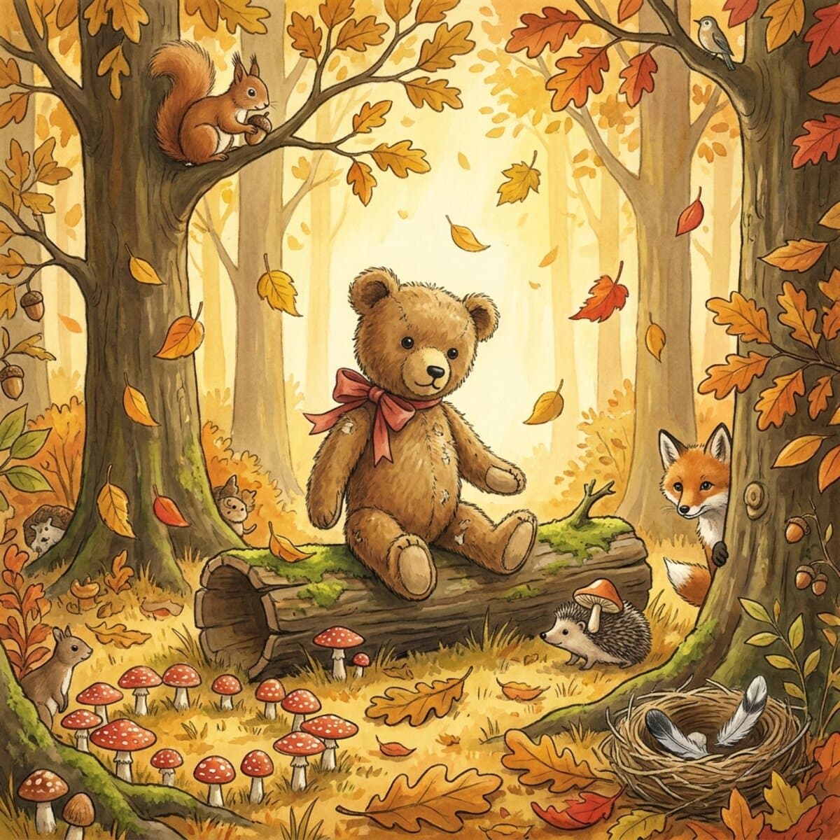 Ein Teddybär als Held in einem herbstlichen Wald voller Waldtiere — eine Illustration aus einem personalisierten Heldenwerk-Buch